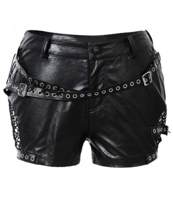 Women Buckle Belt Short Black Gothic Punk PU Leather Short For Women 